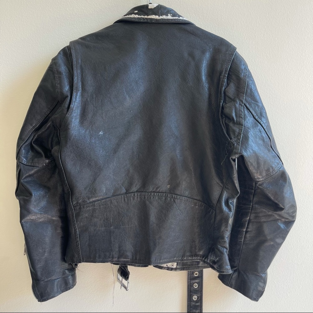 Vintage black leather biker jacket with paint - S